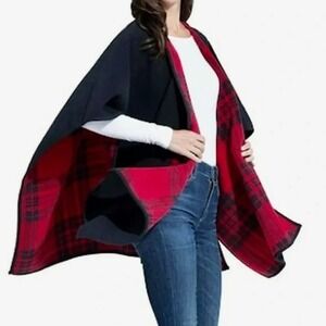 Woolrich Red & Black Tartan Plaid Reversible Cape/Shawl Wrap Poncho OS